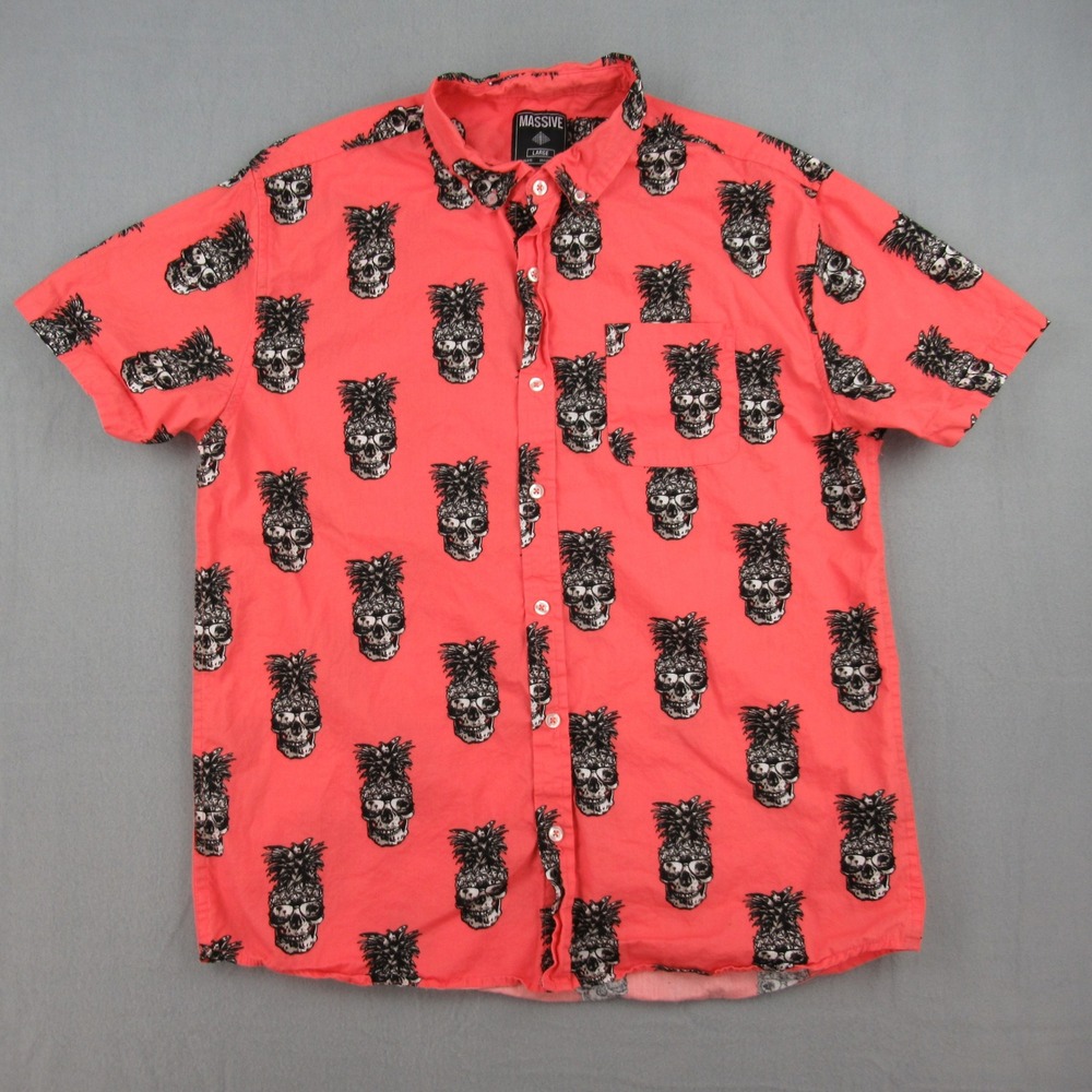 Massive Button Up Shirt Mens Large Pink Pineapple Skull Short Sleeve Cotton